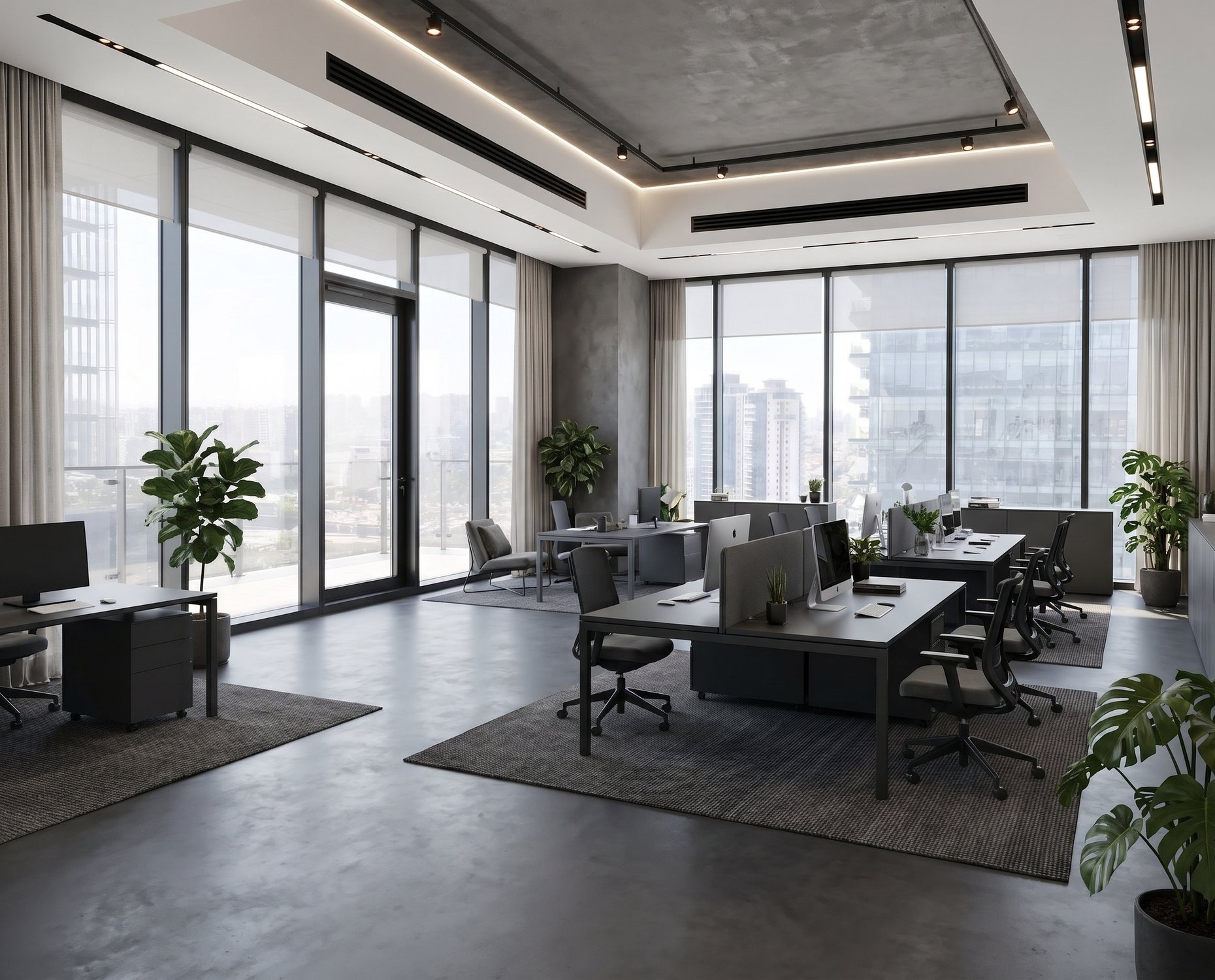 Visualisation of the same floor once fitted out: workspaces, ceiling and lighting